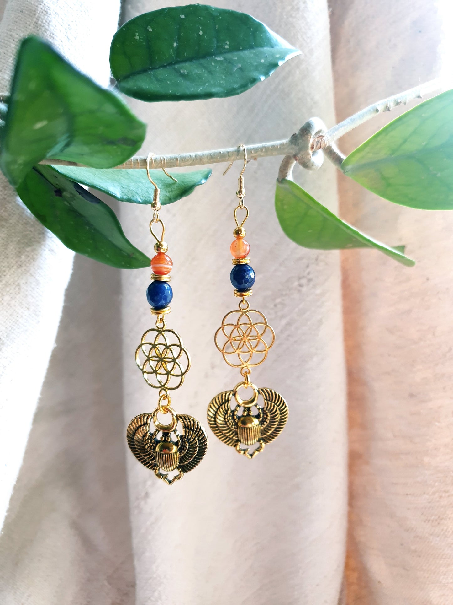 skarab naušnice - lapis lazuli - karneol - sjeme života