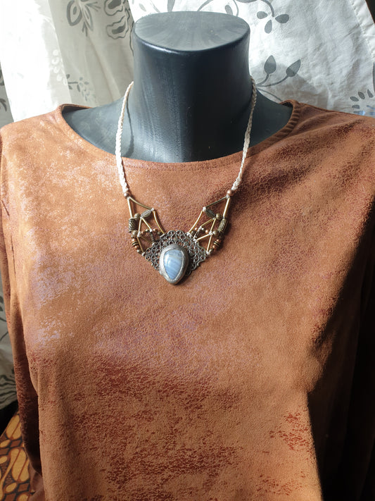 plavi čipkasti ahat boho ogrlica - neo tribal ogrlica