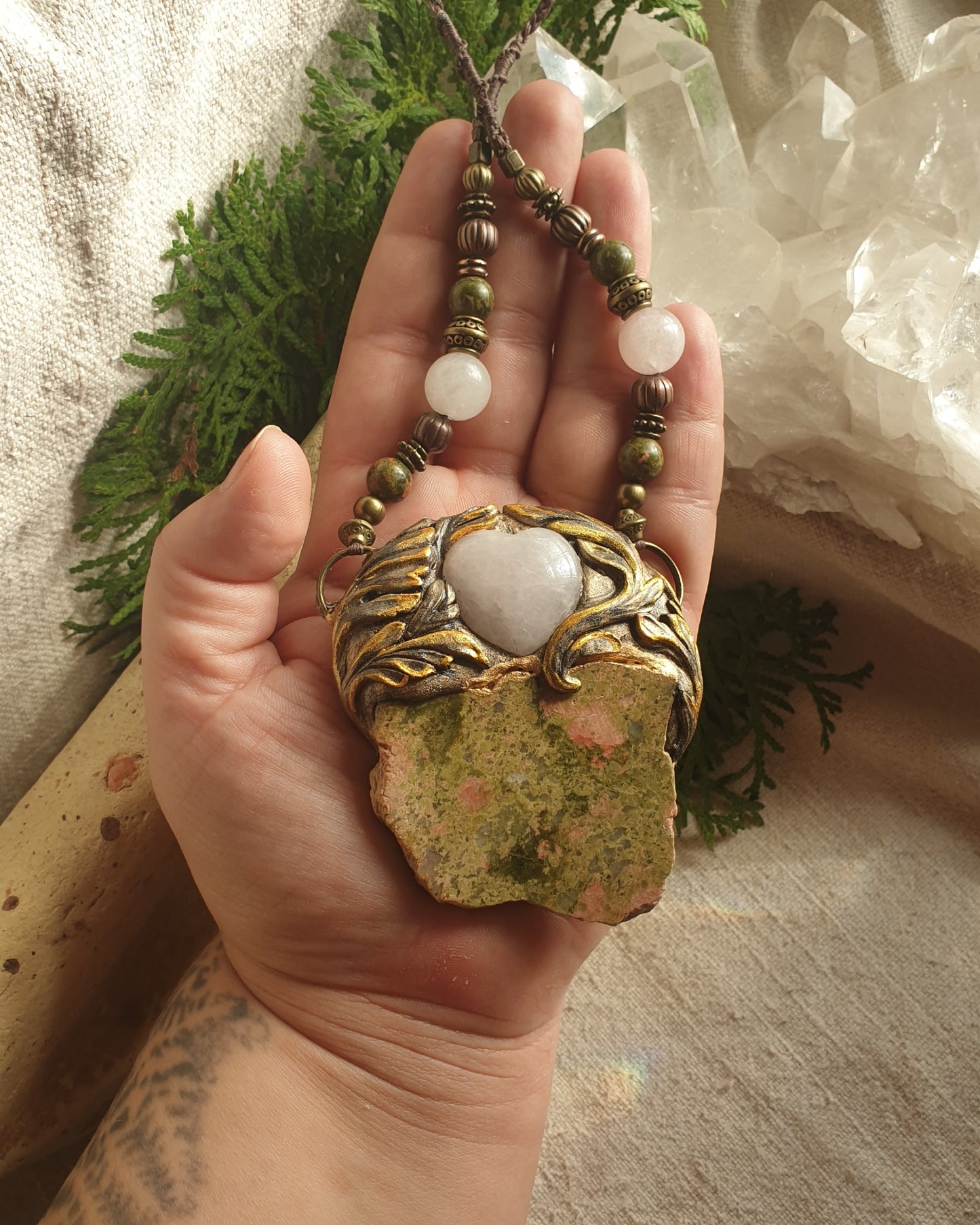 unakit i rozen kvarc - statement ogrlica