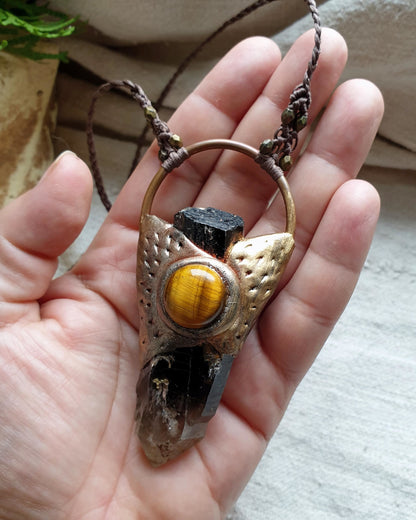 privjesak s dva lica - dimni kvarc - turmalin - tigrovo oko - ahat