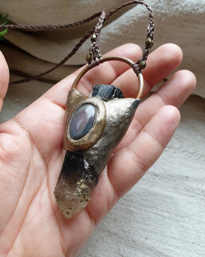 privjesak s dva lica - dimni kvarc - turmalin - tigrovo oko - ahat