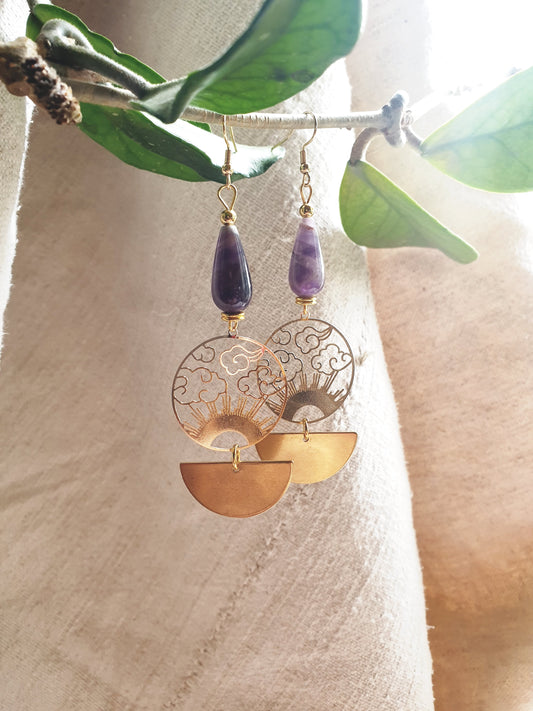 ametist naušnice - pozlaćeni mesing oblaci