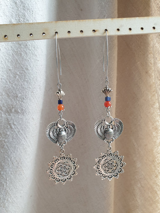 lapis layuli karneol naušnice - sjeme života skarabej