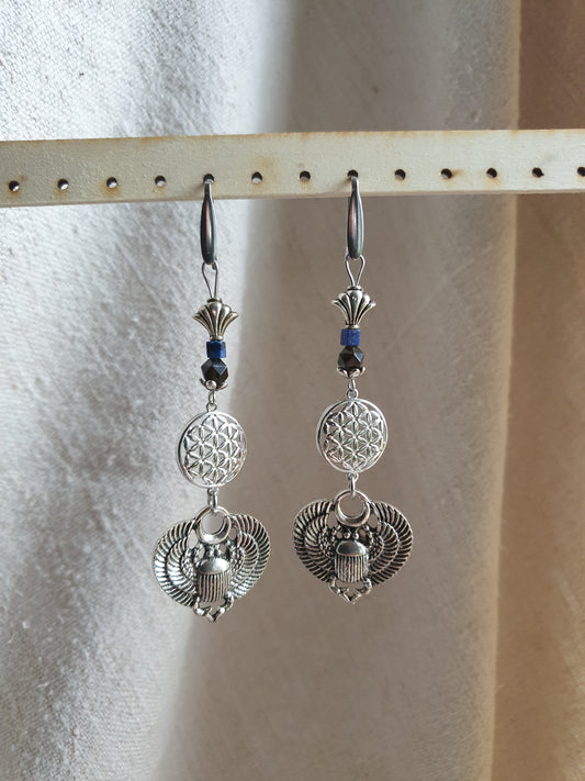 lapis lazuli obsidian naušnice - cvjet života - skarabej