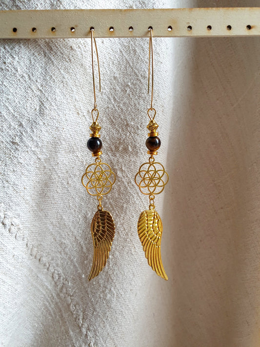 zlatno tigrovo oko naušnice - sjeme života - zlatna krila