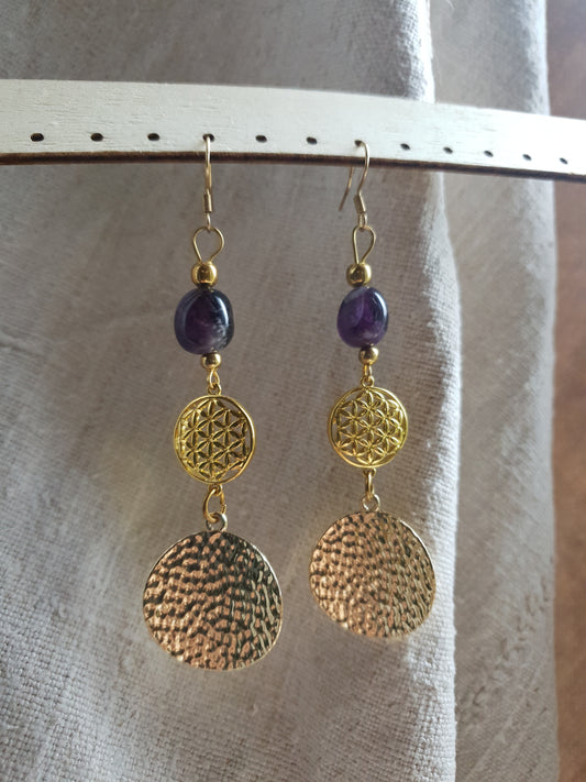 ametist naušnice - pozlačeni cvijet života