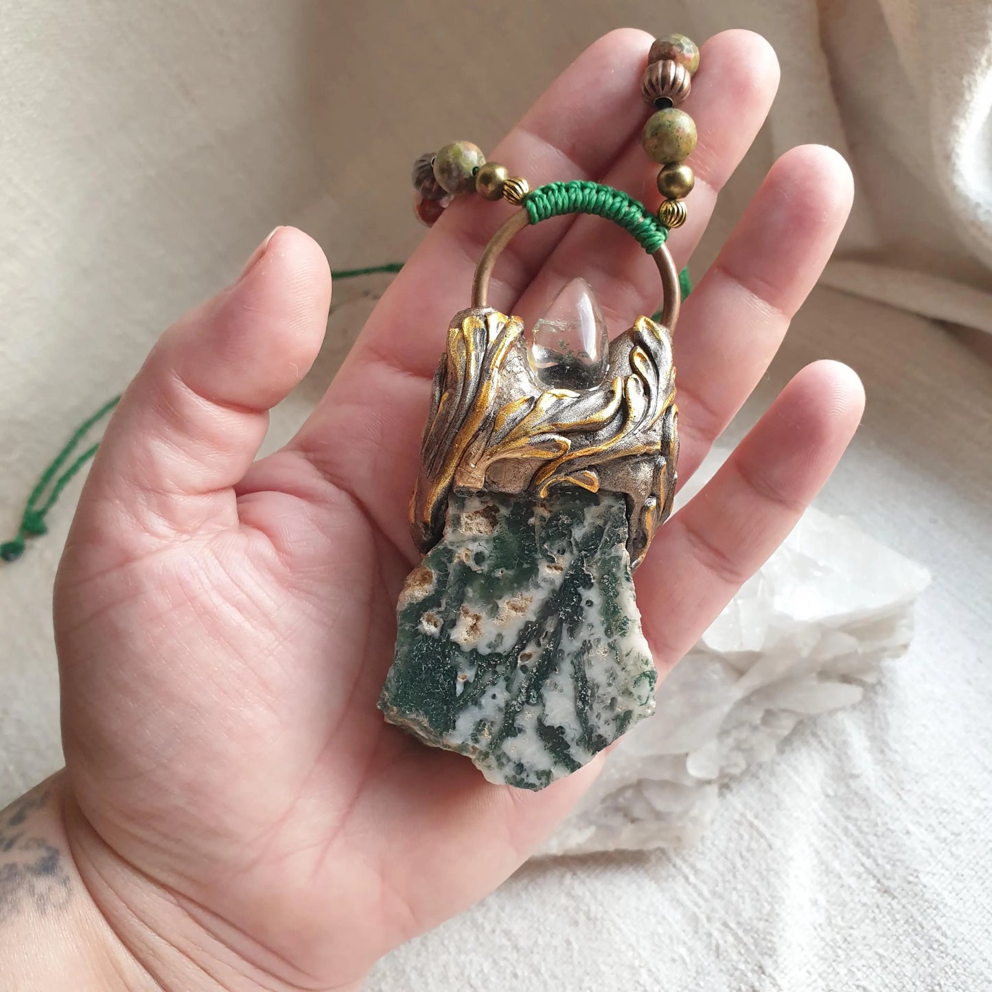 mahovinski ahat - lodolite kvarc - statement necklace